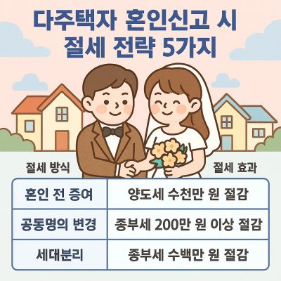 다주택자 혼인신고 시 절세 전략 5가지를 설명하는 인포그래픽 이미지