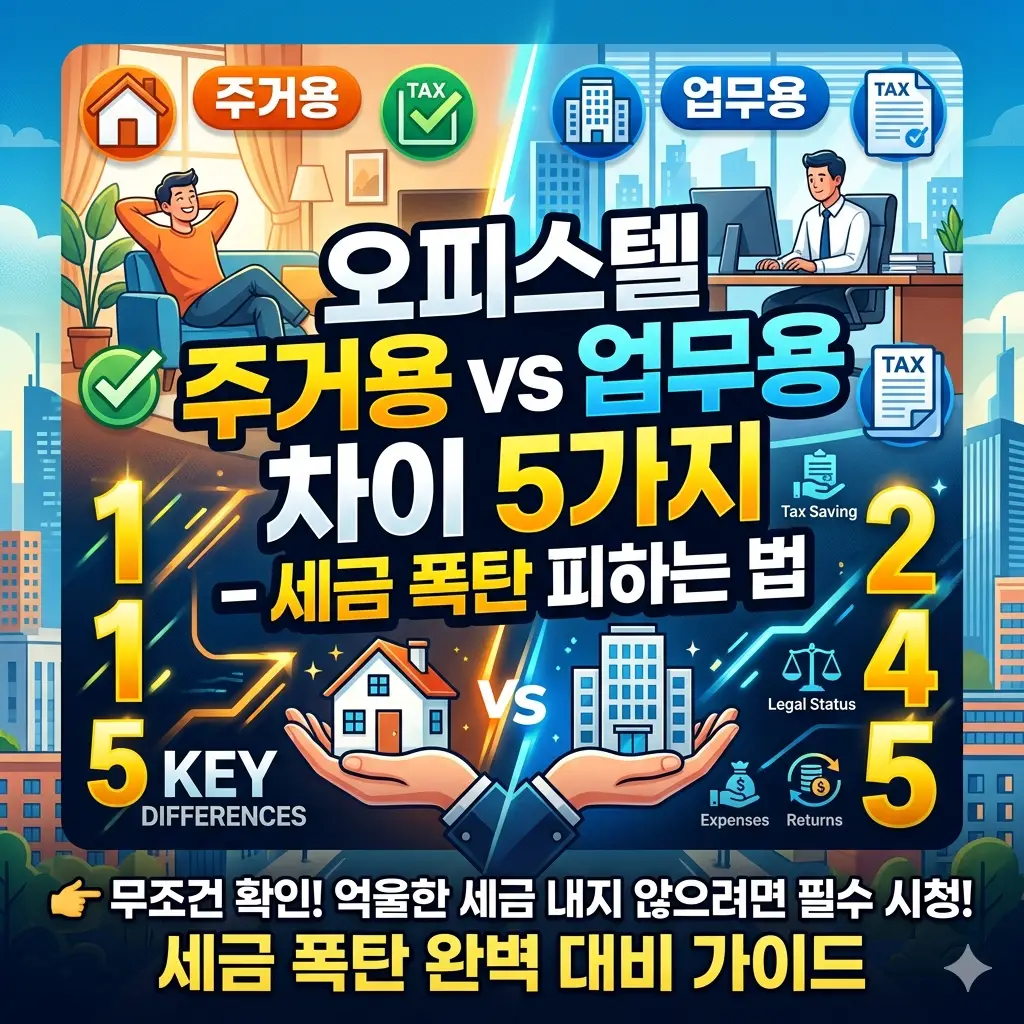 오피스텔 주거용 업무용 차이를 한눈에 비교하고 세금 부과 기준을 설명하는 정보 도표