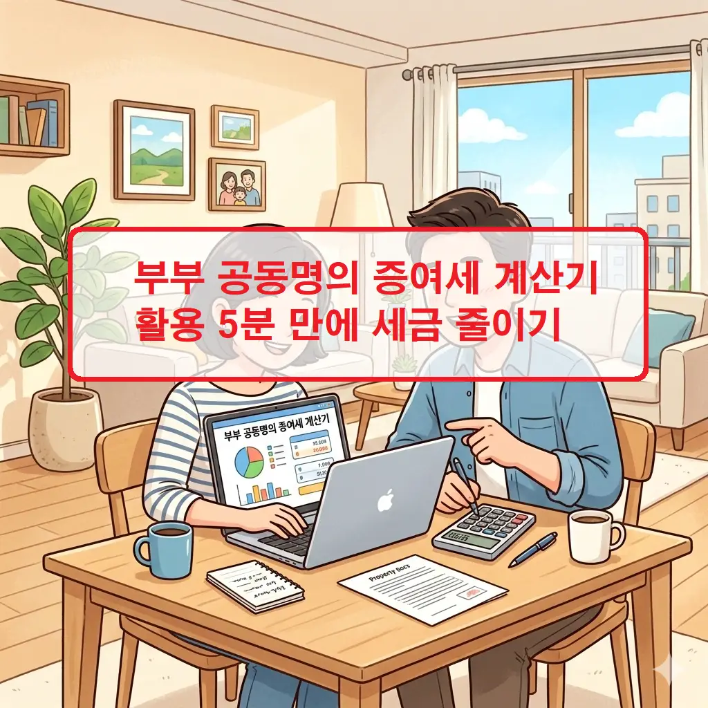 증여 재산 가액과 공제 한도를 입력하여 예상 세액을 산출하는 부부 공동명의 증여세 계산기 화면