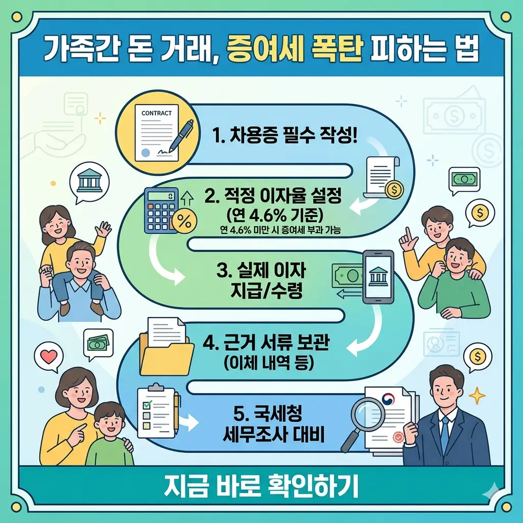 가족 간 돈 거래 시 증여세를 피하기 위한 차용증 작성법과 적정 이자율, 그리고 5단계 가이드를 설명하는 인포그래픽 썸네일.