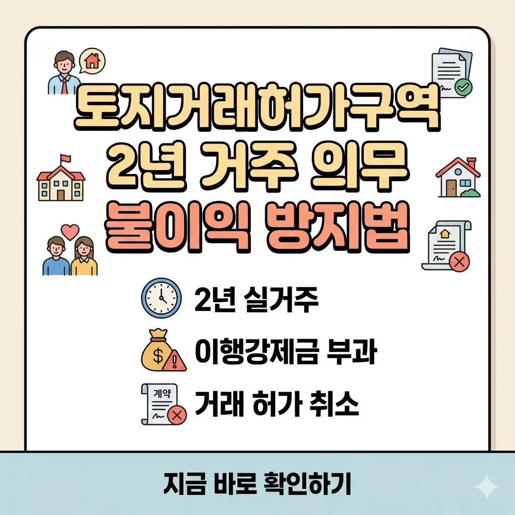토지거래허가구역 2년 거주 의무 위반 시 이행강제금 및 불이익 정보를 담은 썸네일 이미지.