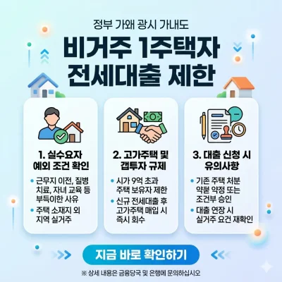 비거주 1주택자의 전세대출 제한에 관한 정부 가이드를 설명하는 인포그래픽형 썸네일입니다.