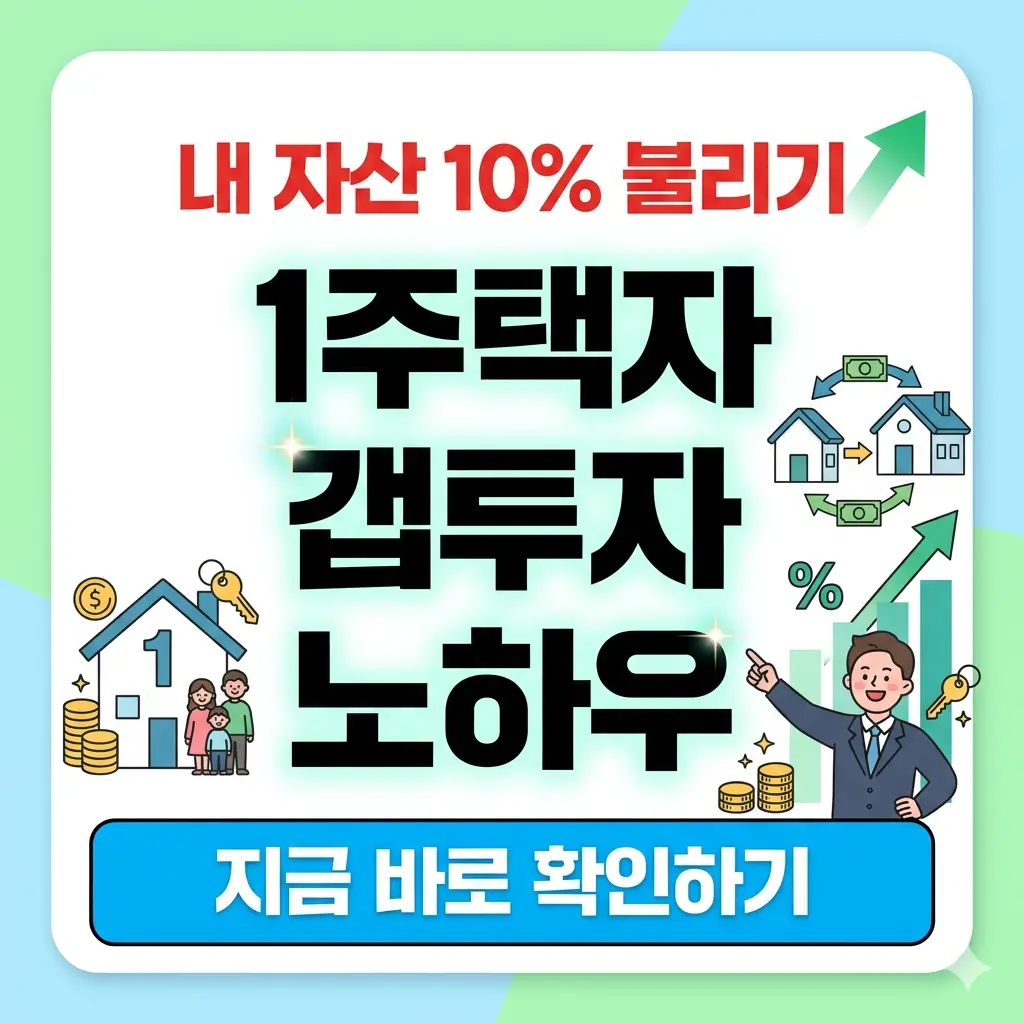 1주택자의 갭투자를 통한 자산 증식 노하우를 시각화한 1:1 썸네일로, 중앙에 '1주택자 갭투자 노하우' 텍스트와 상승하는 그래프가 있습니다.